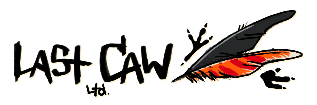 Last Caw logo with a black and rusty orange feather surrounded by tiny crow footprints.