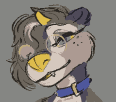 A headshot of an ottercat hybrid with a lemon yellow nose and horns, wearing round, wire-rim glasses, and a blue collar.