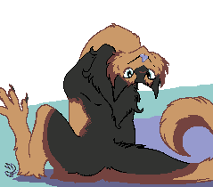 A brown- and tan-furred sergal sits facing away from the viewer, except her neck is flexible enough to flop over backwards to mlem at the camera with a silly face.