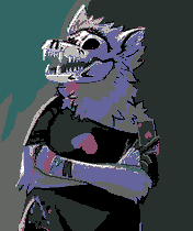 A portrait of an anthro skulldog leaning against a wall, bony face bearing marks of simple black symbols, wearing a loose-fitting black shirt with a faded upside-down heart on the front. Arms folded, their right hand clutches a black hearts card.