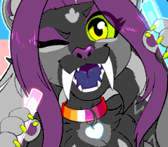 A happy saber-tooth catgirl winking while clutching trans pride colored glowsticks.