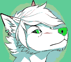 A head shot of a white anthro wolf with a lime green nose and eyes, and streaks of red on their cheeks and eartips.