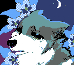 A nighttime headshot of a sad-looking wolf amongst flowers. Stars and a crescent moon can be seen in the background sky.