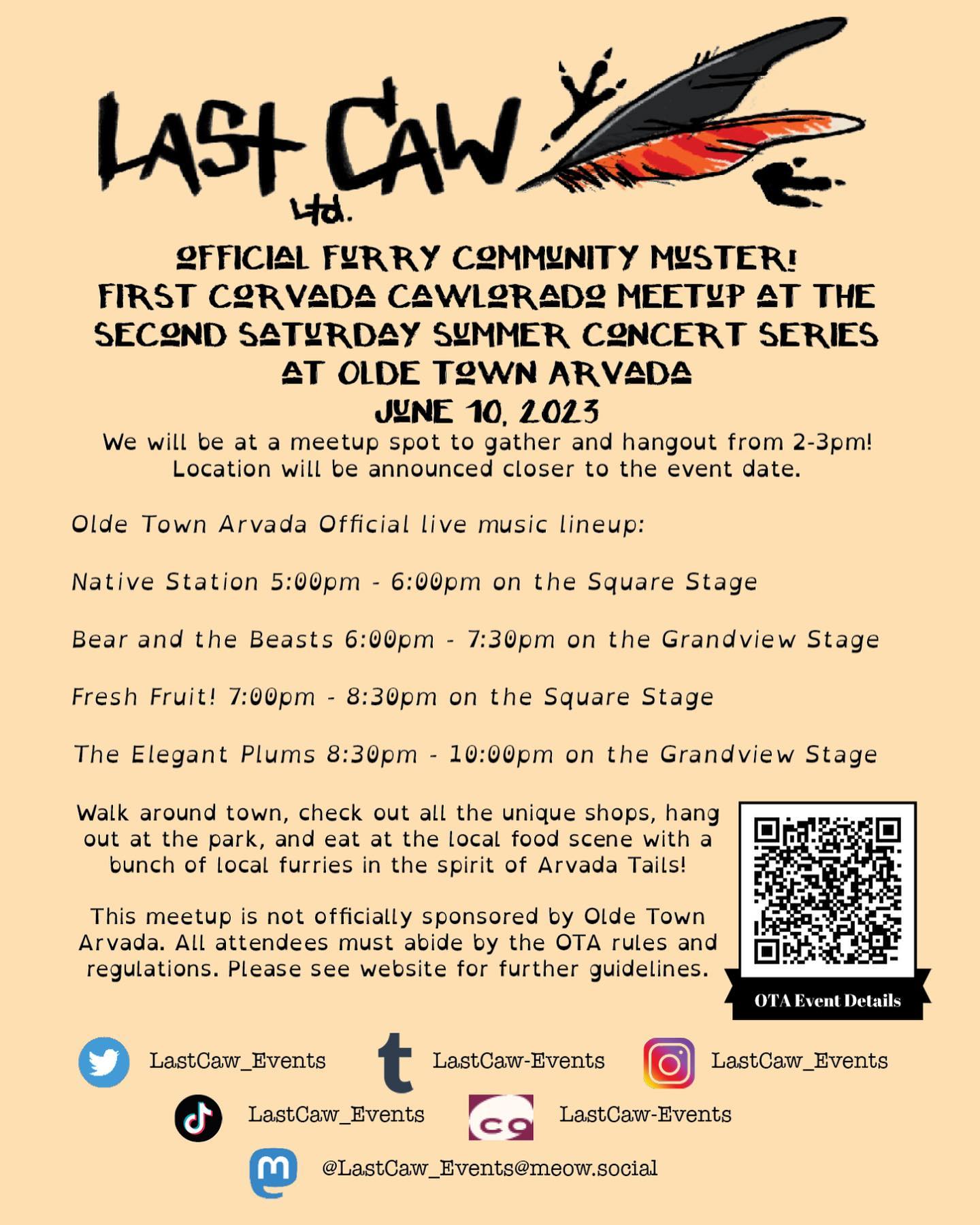 Corvada Cawlorado Meetup: Announcing the first Last Caw Corvada Cawlorado meetup! Come hang out with us in historic Olde Town Arvada on June 10!